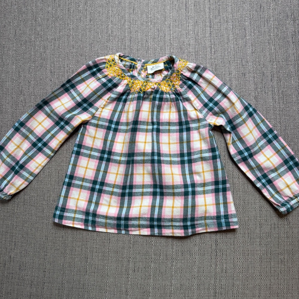 Mini Boden Girls Pink Green Plaid Smocked Embroidery Blouse Top 4-5Y 37011